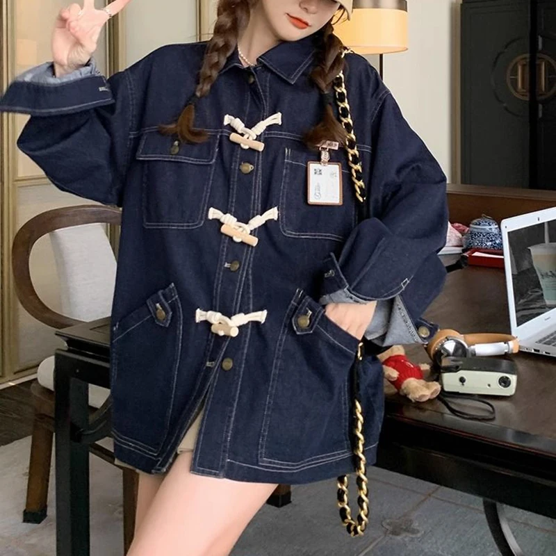 

Blue cow horn button denim shirt jacket, women's spring and autumn retro casual top denim jacket small jacket women