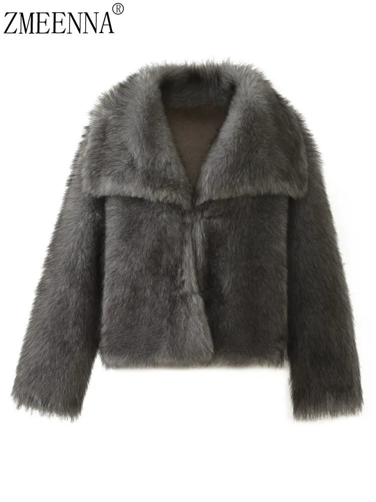 

ZMEENNA Women's Plush Faux Fur Jacket Shaggy Warm Long Sleeve Outwear Winter Casual Fashion Short Coat Lapel Collar ZM3356