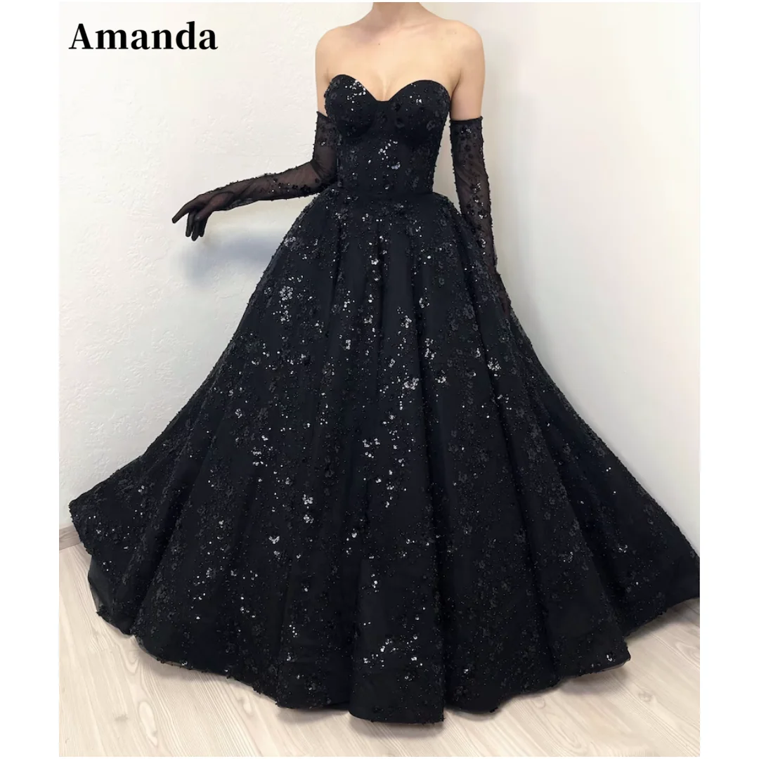 

Amanda Gorgeous Shiny Lace Prom Dress Black Sweetheart Ball Gown Vestidos De Fiesta Shiny Flowert Wedding Dress فساتين سهرة