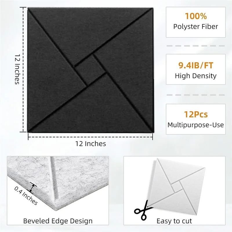 粘着剤付き音響パネル 12 個、12X12x0.4インチ防音フォームパネル、壁用吸音タイル