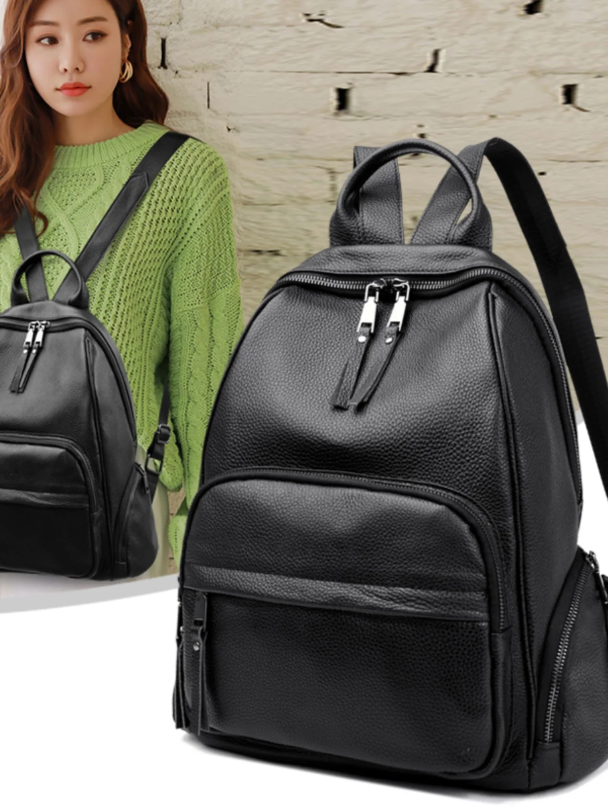 

Genuine Leather Double oulder Bag Women's Top Layer Cowhide Bapa Bla Casual Travel Outdoor Commuting Handbag