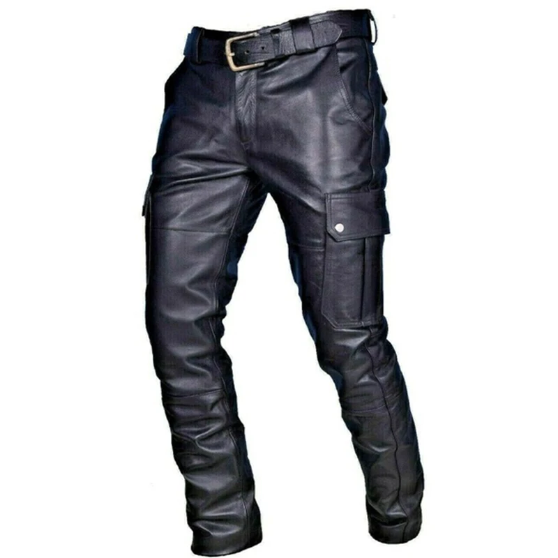 Men Trousers Black Leather Motorcycle Pants Cargo Pockets Vintage Steampunk Clothing Men Clothing for Men Party Punk Style 2022