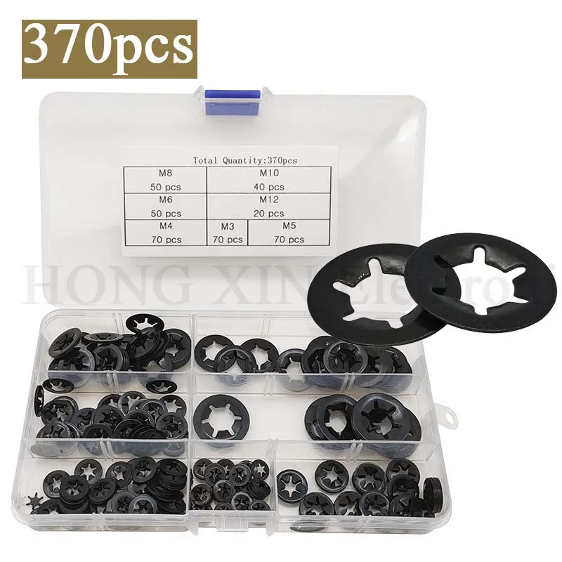 

370pcs 7 Sizes Internal Tooth Washers, Push On Speed Clips Fasteners Kit, 65 Mn Steel Black Oxide Finish Star Lock Washers