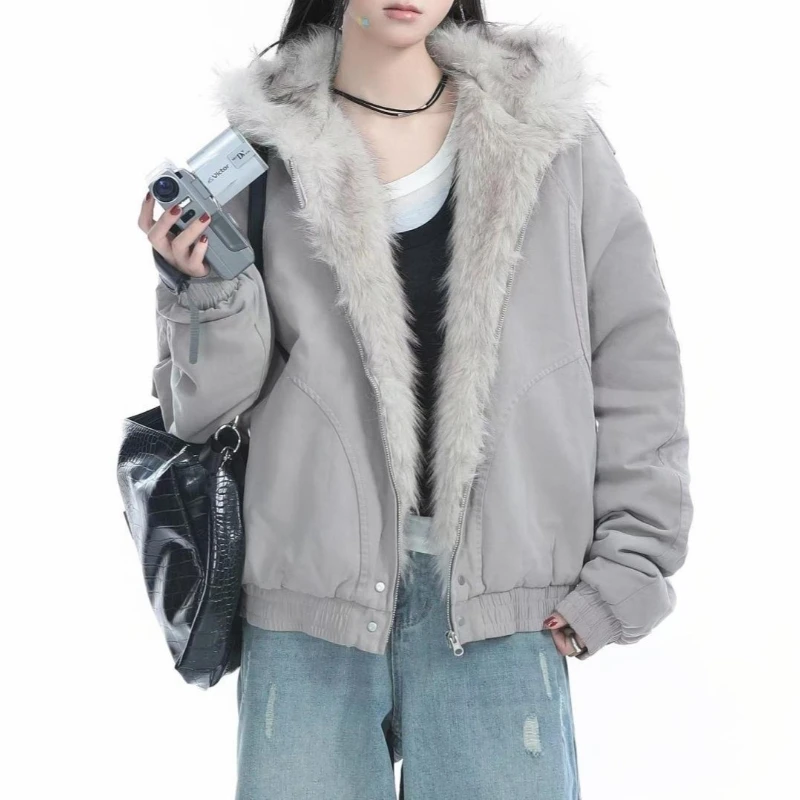 

Retro Fur Collar Hooded Jacket Women Y2K Streetwear Winter New Velvet Thickened Warm Harajuku Loose Casual Jacket 2025