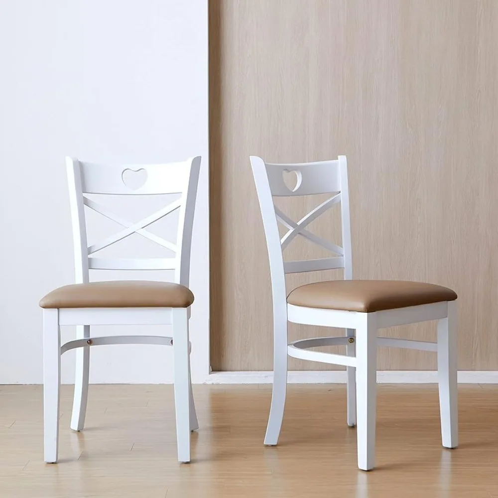 

Dining Chair Set of 2, Solid Malaysian Oak PU Leather Upholstered Cushion Seat Wooden Cross Back Side Chairs (White)