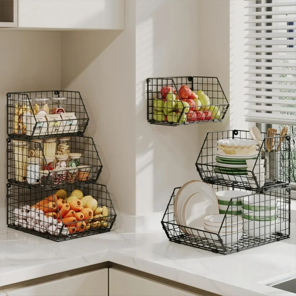 3-layer stackable wire basket for organizing and storing in the pantry, fruit and vegetable storage basket