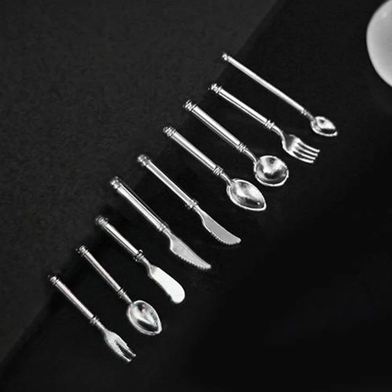 9 قطعة/المجموعة خمر دمية المنمنمات أدوات المائدة أدوات المائدة الصغيرة سكين شوكة ملعقة لعبة أطفال لديكور بيت الدمية #4