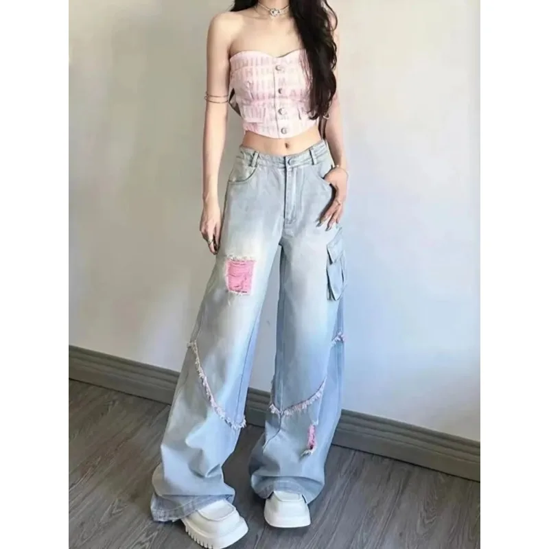 American High Street Ripped Work Jeans Retro High Waist Loose Straight Wide Leg Trousers