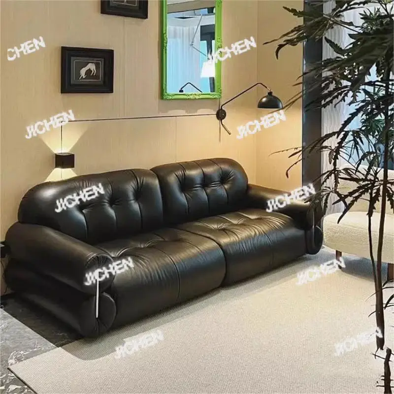 

JC Medieval Black Leather Sofa French Retro Brown Sugar Cloud Living Room Straight Top Layer Cowhide Sofa Combination