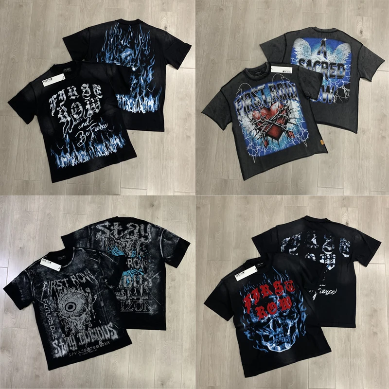 

Trend Brand FIRST ROW T-shirt High Quality Washed Do Old Short Sleeve Hip-hop Street Skull Flame Print First Row T-shirts