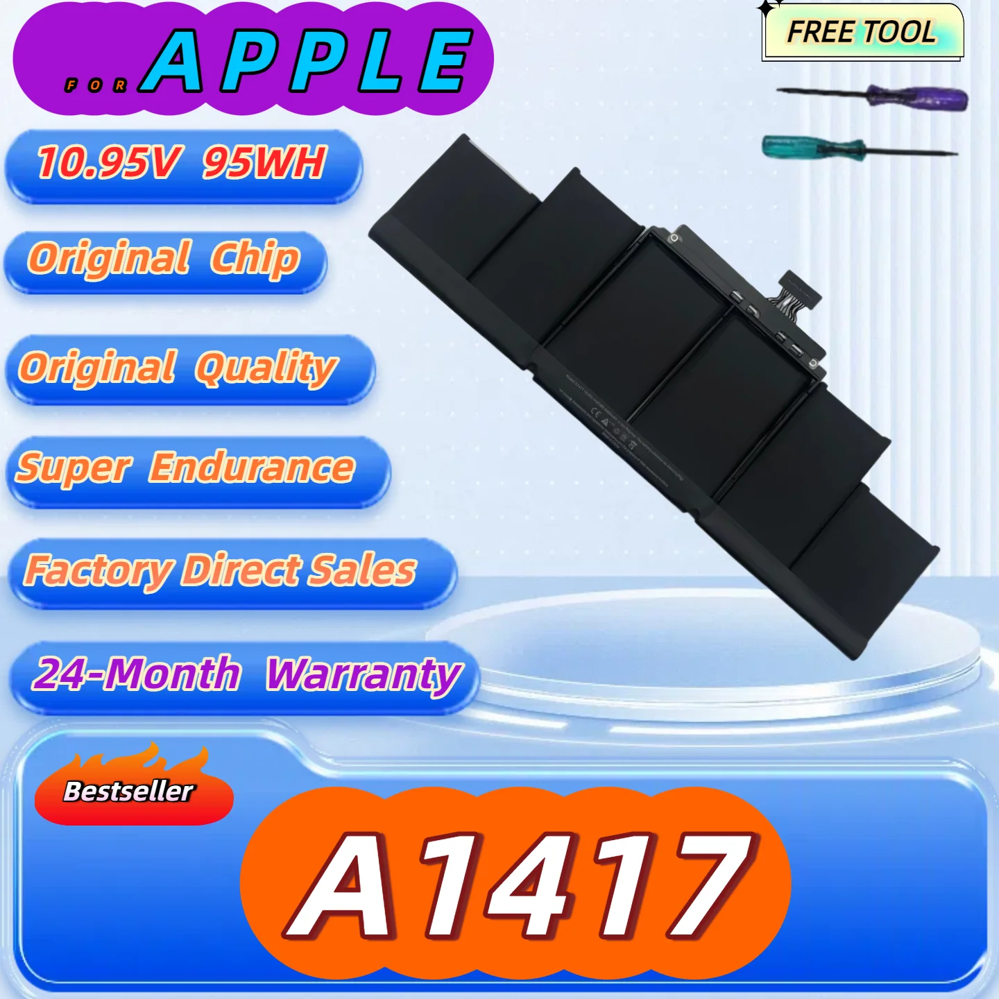 

A1417 Battery for Apple Macbook Pro 15 inch A1398 (Mid 2012 Early 2013) Retina MC975LL/A MC976LL/A MD831LL/A Free Tools