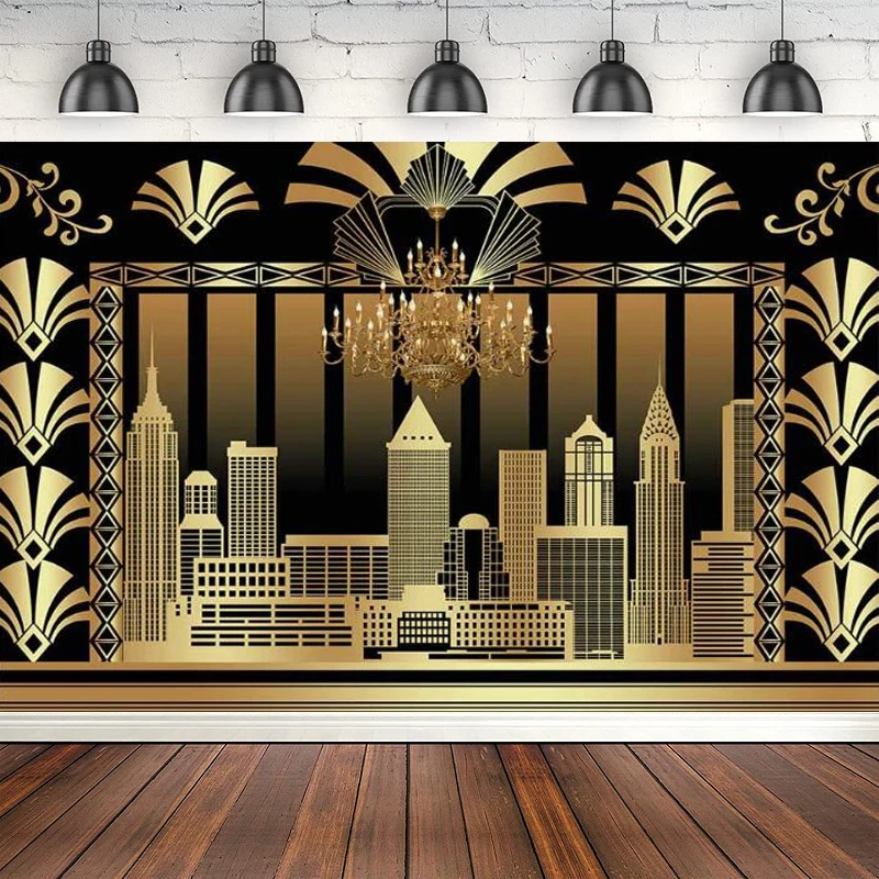 Photography Backdrop Roaring 20s Themed Vintage Dance Black Gold Art Event Party Decoration Background Booth Banner Supplies