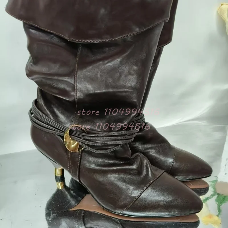 هامش ديكور معدني كعب رقيقة أحذية بوت قصيرة النساء مطوي أشار تو حذاء من الجلد الموضة العصرية الخريف الشتاء حفلة سيدة الأحذية #4