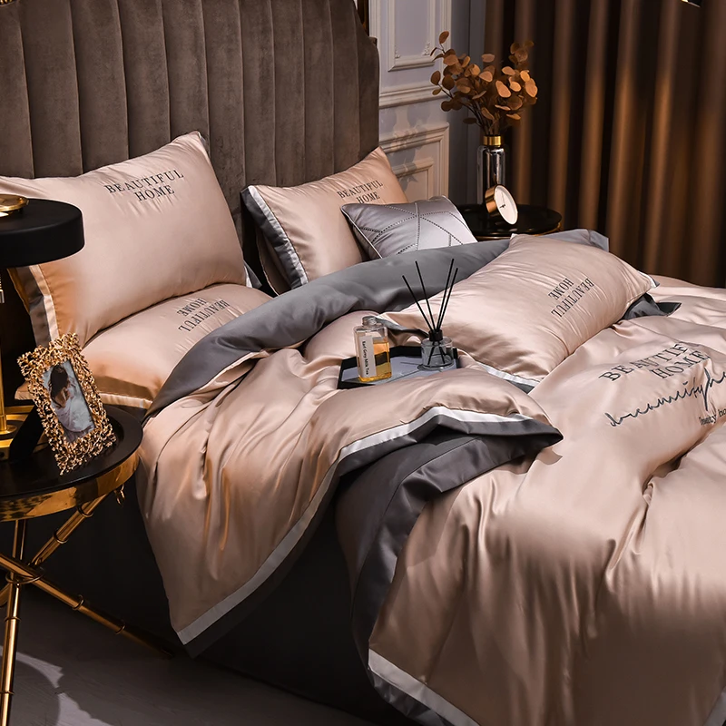 2021 طقم سرير مطرز فاخر طقم سرير حريري من الساتان غطاء لحاف ملاءة سرير سادات مقاس كوين كينج للربيع والصيف