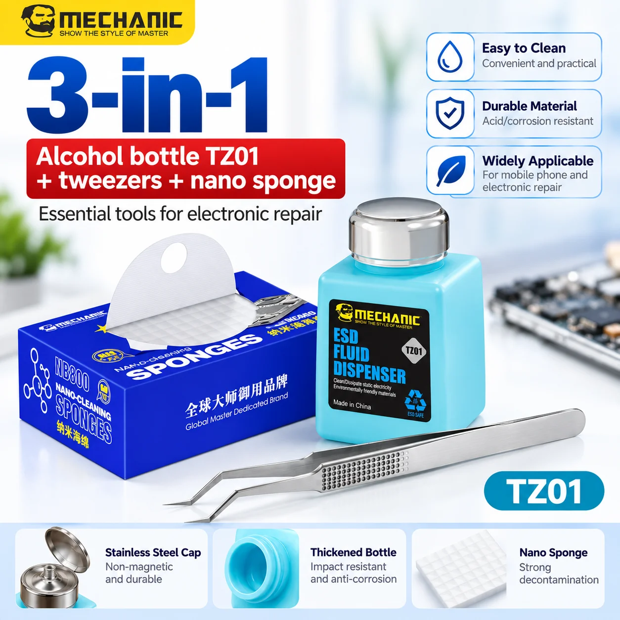 MECHANIC TZ01 3-in-1 Alcohol Dispenser Bottle Set ESD Stainless Steel Pump Container For Electronics Repair Workbench