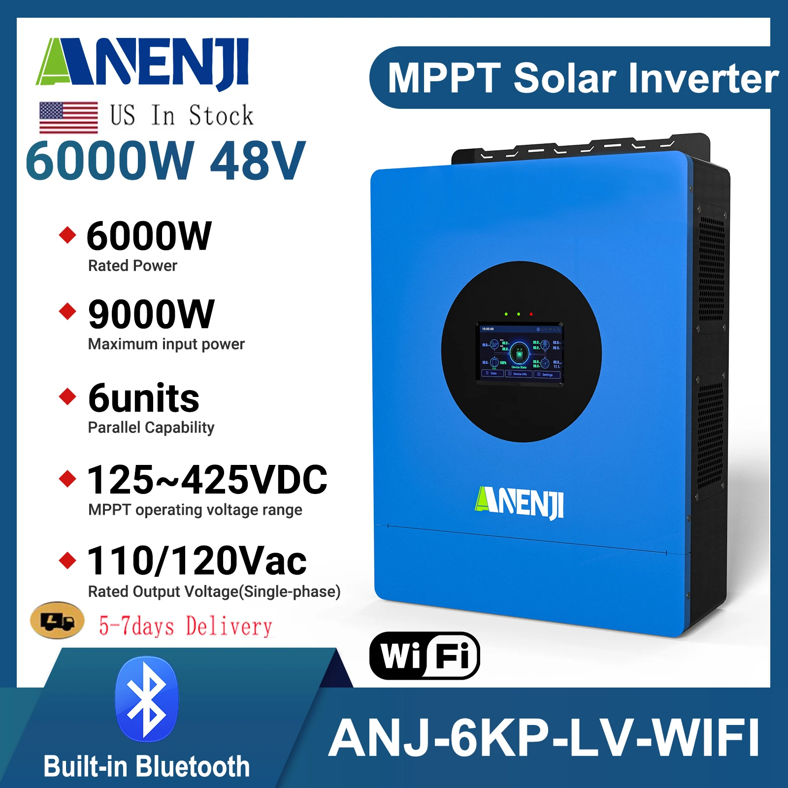 

6KW Hybrid Solar Inverter Parallel 48V 110V/120VAC Pure Sine Wave Photovoltaic Off Grid Inverter MPPT 120A Solar Charger PV 425V