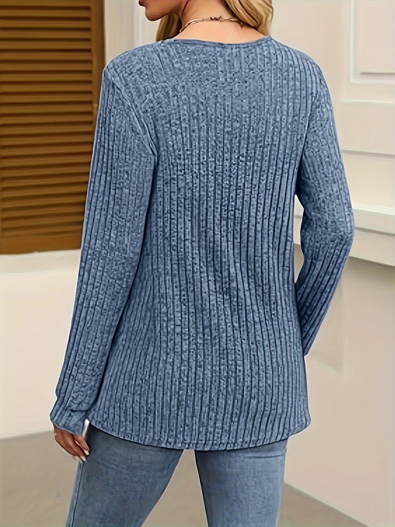 3-Pack of Comfortable Ribbed V-Neck T-Shirts - Soft Long-Sleeved Tops Suitable for Spring and Autumn, Classic Casual Women's Wear with Button-Front Design