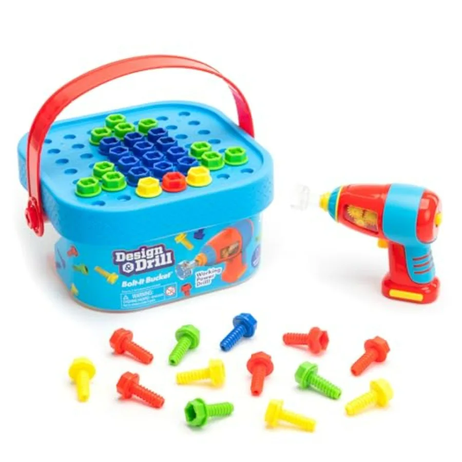 Design and Drill Bolt-It Bucket - Construction Toys and Toddler Tools, Tool Set with Real Electric Drill Toy, Take Apart STEM S