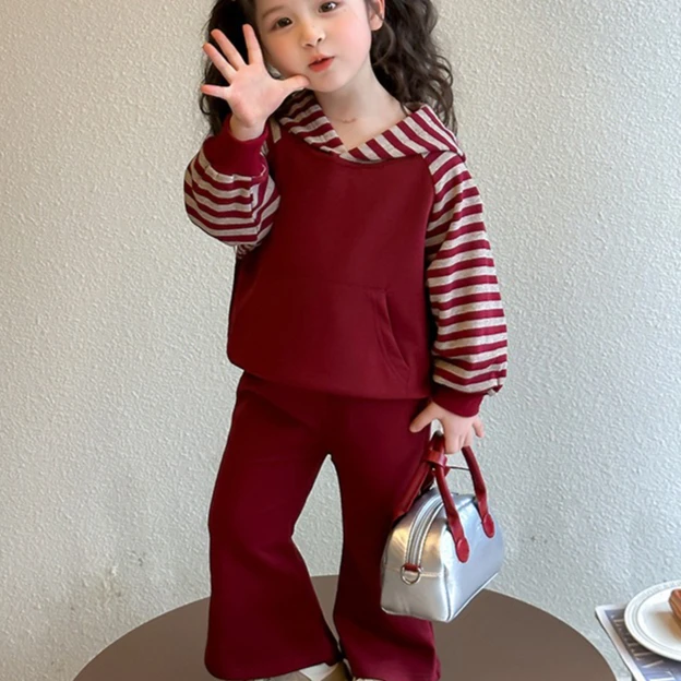

Girls Suit 2025 Autumn New Children's Clothing Korean Style Girl Baby Striped Sports Hoodie Two-piece Casual Simple Daily