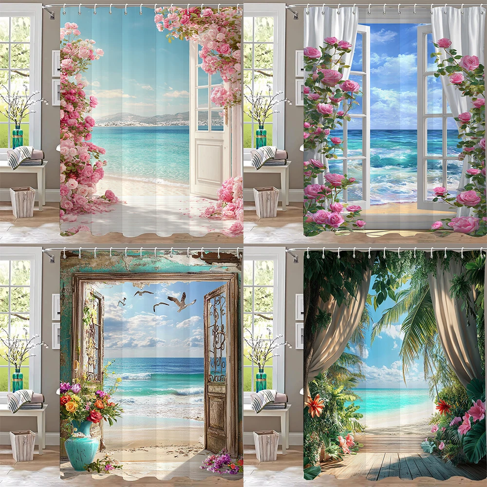 

Seaside Beach Flower Scenery Print Waterproof Shower Curtain Partition Privacy Hanging Curtain with 12 Hooks Machine Washable