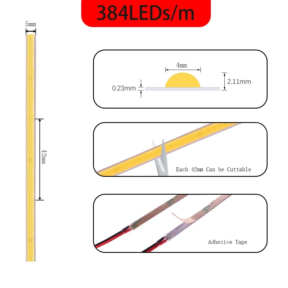 Ultra-cienki pasek COB LED FOB 384 leds/m elastyczne diody LED o wysokiej gęstości RA90 ciepły charakter zimny biały liniowy ściemniania DC12V/24V