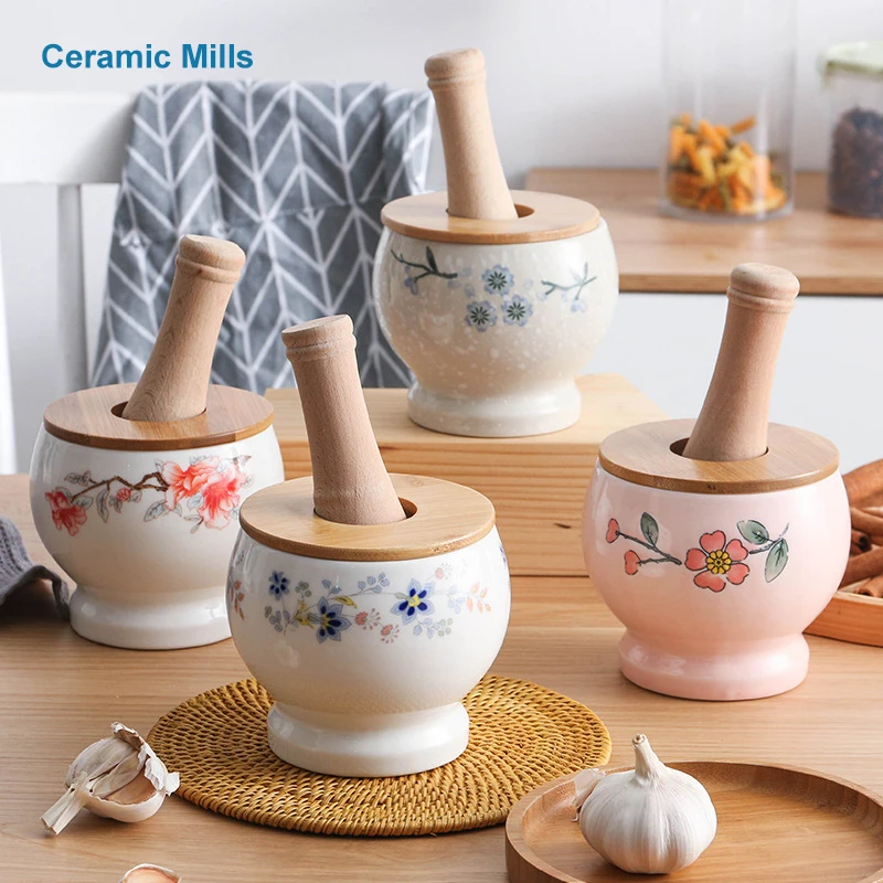 

Christmas Gift Ceramics Mills Chinese Retro Manual Mortar Ceramic garlic Mortar and Pestle Set with Lid Masher Guacamole Bowls