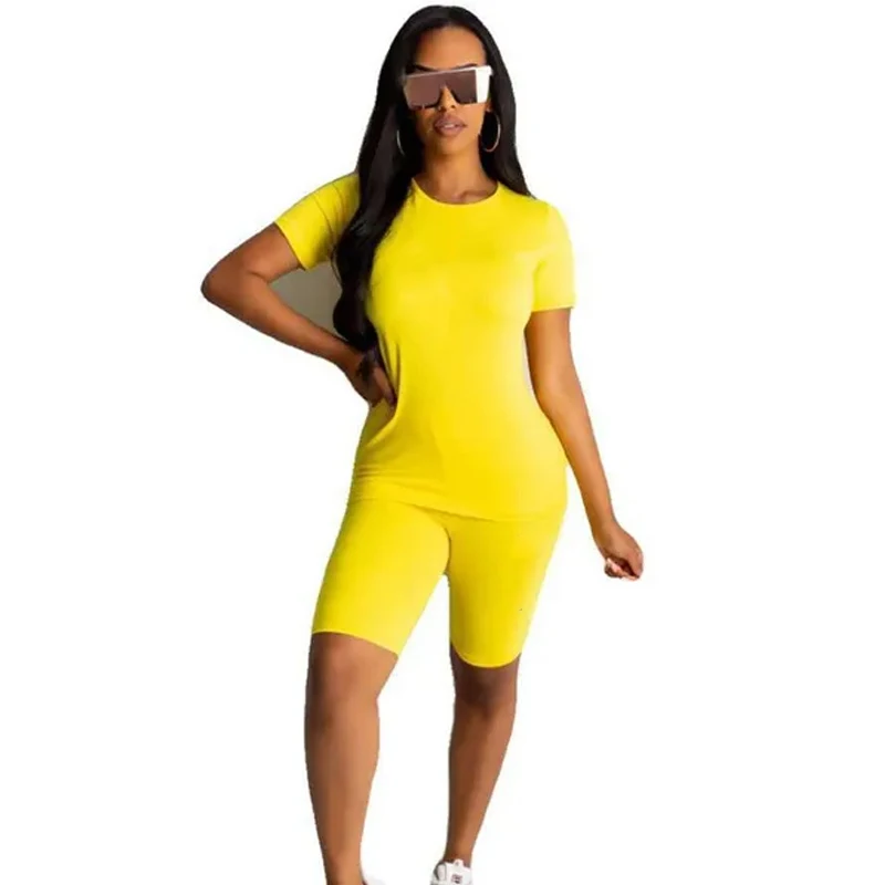 Summer New Women Slim Fit Suit Spice Fashion Solid Fitness  Sexy 2 Piece Sets Casual Sports Short Sleeve T-shirt + Shorts S-3XL