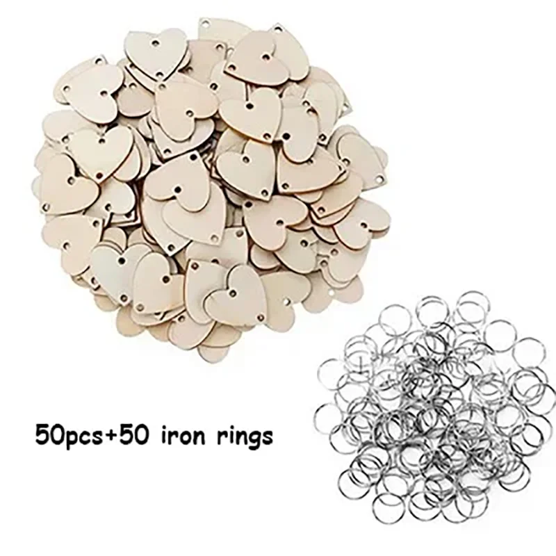 50Pcs Wooden Circle Heart Tags Hanging Decor with Hole Rings Christmas Wooden Ornaments DIY Arts Crafts for Birthday Board Decor