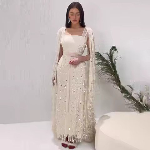 Women's Tassel Elegant Evening Dress Square Neck Sheer Long Sleeve Party Club Maxi Dress Fake 2 Piece Shawl Prom Female Dresses