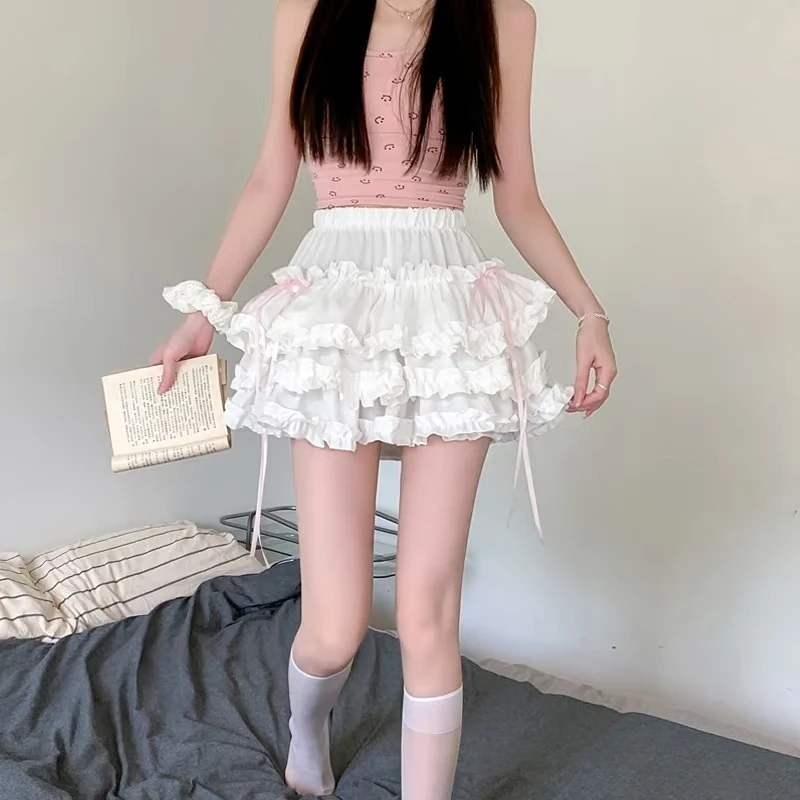 

Lolita Princess Bow Short Skirt Women Vintage Lace Ruffle Cake Mini Skirt Kawaii Y2K Harajuku A Line Skirt For Party Occasion