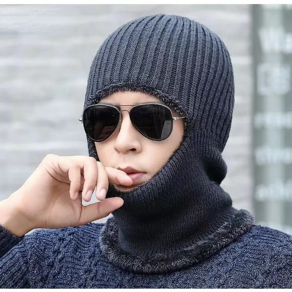 Bufanda de lana de punto para hombre y mujer, gorro cálido y transpirable, pasamontañas de lana de Coral, gorro de protección de doble capa para invierno