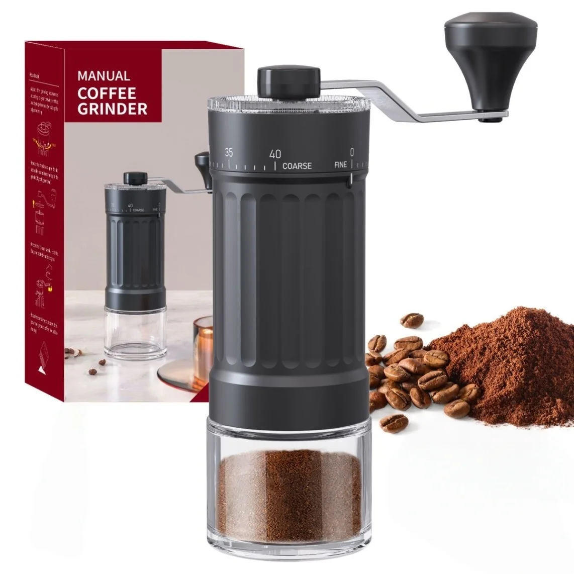 Manual Coffee Grinder with Adjustable Settings, Portable Hand Crank Coffee Bean Mill for Home Travel Camping