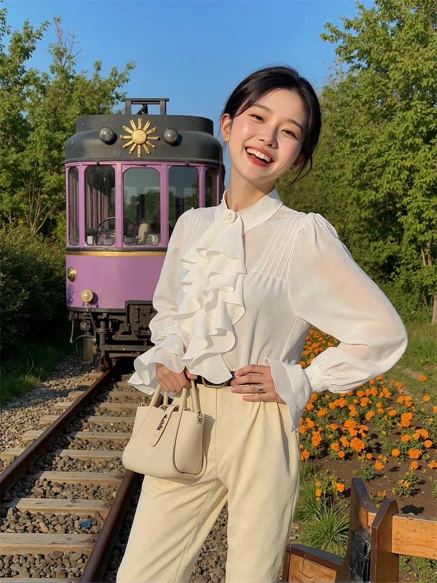 Koszule w stylu francuskim z falbankami, japońskie bluzki, świąteczne ubrania damskie, jesienne siateczkowe bluzki dla dziewcząt, designerskie, eleganckie, na weekend, szykowne.