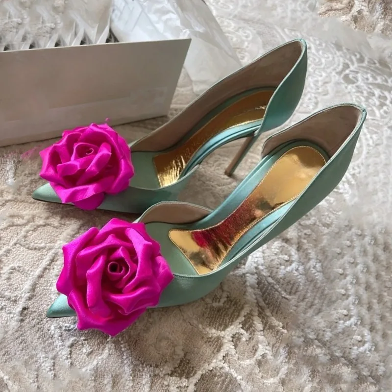

2025 new satin high heels rose flower niche design fashion celebrity royal sister style female pointed single shoes