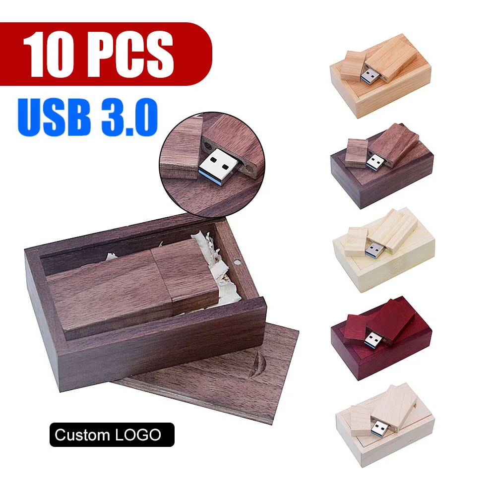 10PCS LOT Wooden blocks USB 3.0 Flash Drives with BOX 128GB Pen drive 64GB 32GB Memory stick Creative Gift 16GB 8GB U disk