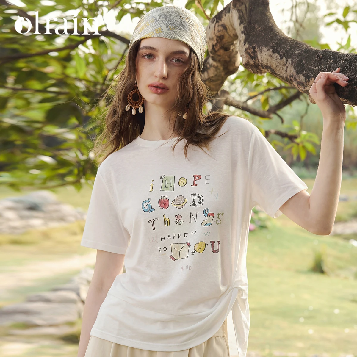 OLrain Color Contrast Letter Print Short Sleeve Tee 2026 Summer New Twisted Hem Casual Commuter Women's T-shirt O58XT006516