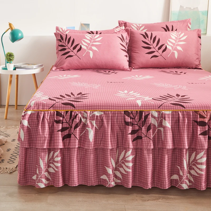 Botanical Leaves Bed Skirt Set Simple Plaid Print Wrap Around Bedskirt 3 Side Coverage Drop Dust Ruffle,1 Bed Sheet 2 Pillowcase