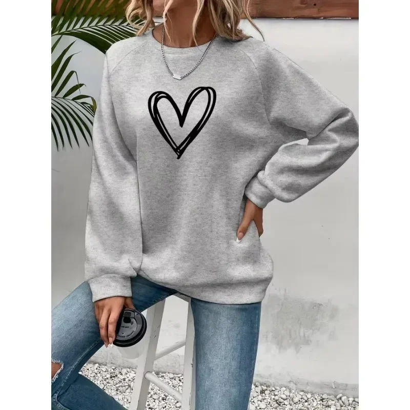 Jersey informal con estampado de corazón y cuello redondo para mujer, sudadera suave de manga larga para primavera y otoño, jersey de calle que combina con todo