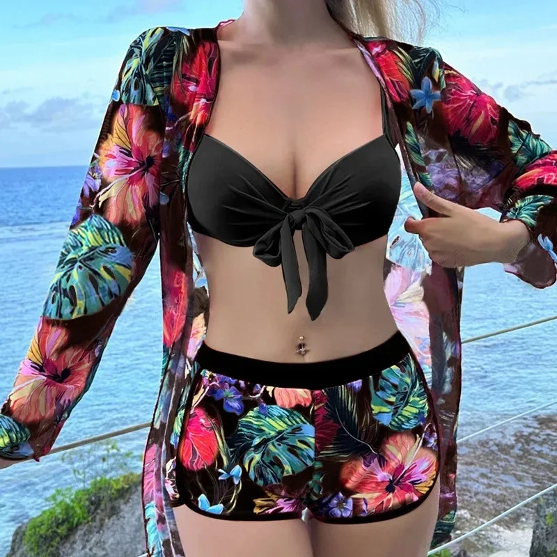 Sexy Women Swimwear Sports Beach Wear Three Piece Bathing Suit Pool  Female Swimming Tropical Rain Forest Print Swimsuits Set