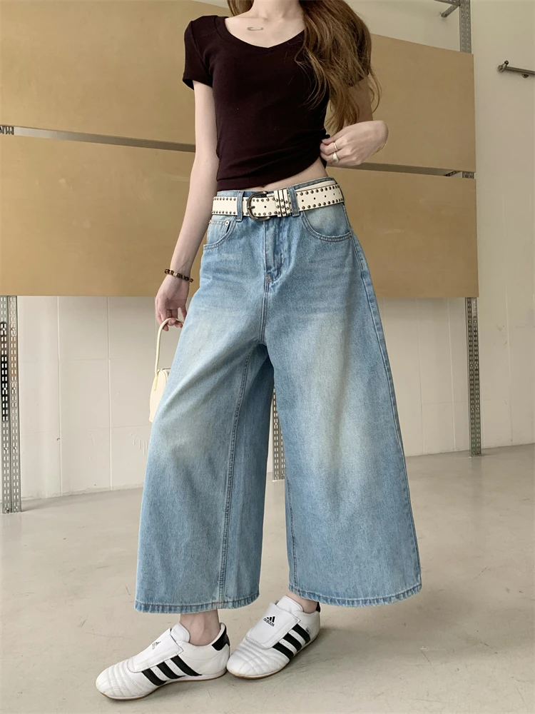 

Ретро-джинсы американского стиля синие, выбеленные, женские, летние, свободные, широкие брюки с высокой талией, повседневные, свободного кроя, с вышивкой