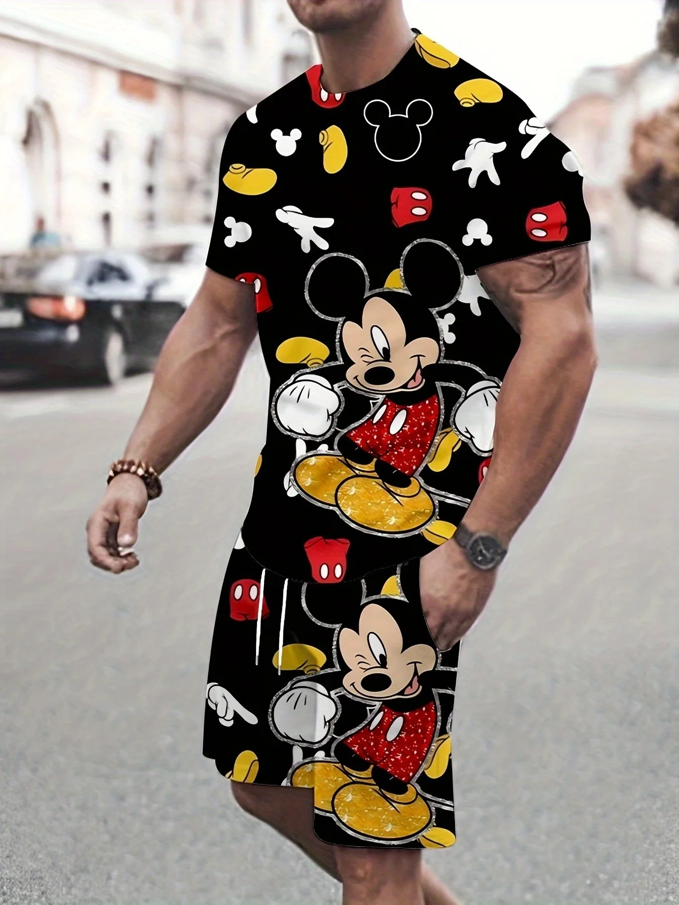 

Disney Mickey Mouse Donald Duck Print Tracksuit Set Men's Graphic Short Sleeve Tshirt Shorts Set Oversized Unisex Men's Clothing