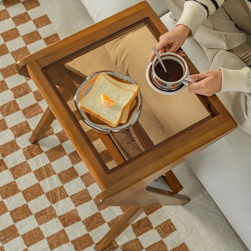 Retro Solid Wood Edge Table, Household Small  Living Room Sofa Corner Table, Wabi Sandy Wind Cherry Wood Glass Coffee Table
