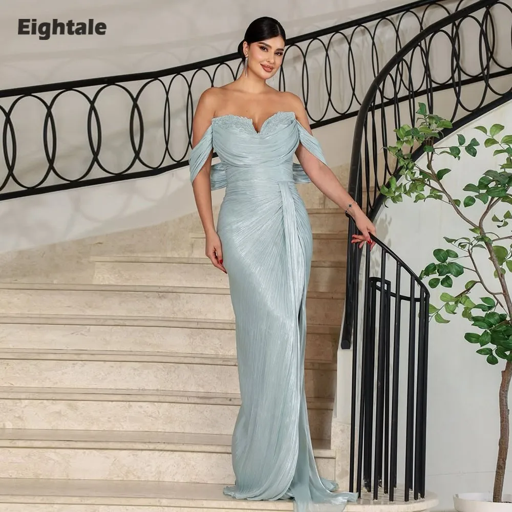 

Eightale Arabic Evening Dress Swetheart Pleats Crepe Customized Off Shoulder Muslim A-Line Prom Wedding Party Gown