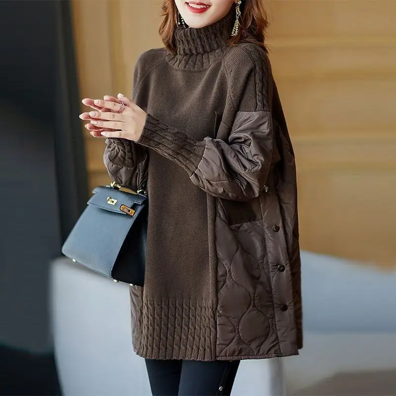 

Winter Women's Solid Color Thickened High Neck Patchwork Long Sleeved Sweater Autumn Loose Fitting Fashion Casual Mid Length Top