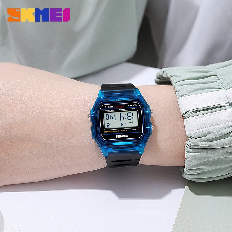 SKMEI Youthful Vigor New Transparent TPU Strap Ladies Wristwatch Back Light Display Stopwatch Digital Watches Women reloj mujer