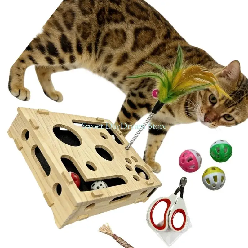 

Y88C Fun Cats Царапина Лабиринт Деревянная головоломка для кошек Коробка для обогащения Игрушка с 3 колокольчиками