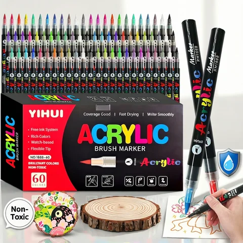 60 Colors Acrylic Paint Pens Markers Brush Tip Paint Markers for Rock Painting Wood Stone Glass Ceramic Records Gift DIY Crafts