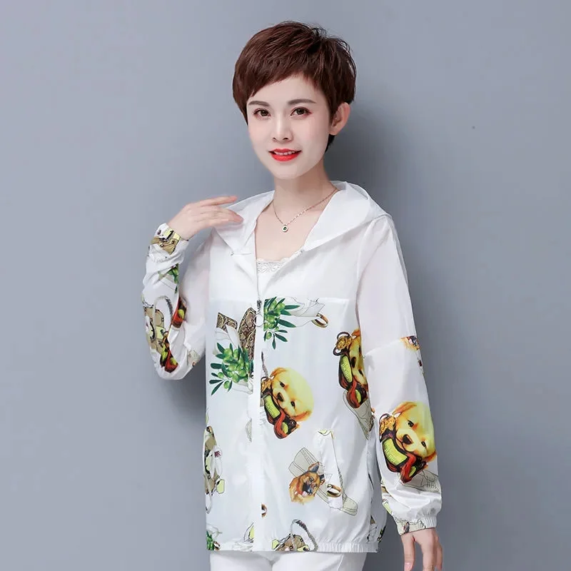 Женская летняя Солнцезащитная одежда с капюшоном и принтом, Корейская версия, свободная простроченная контрастная модная повседневная короткая тонкая куртка для женщин