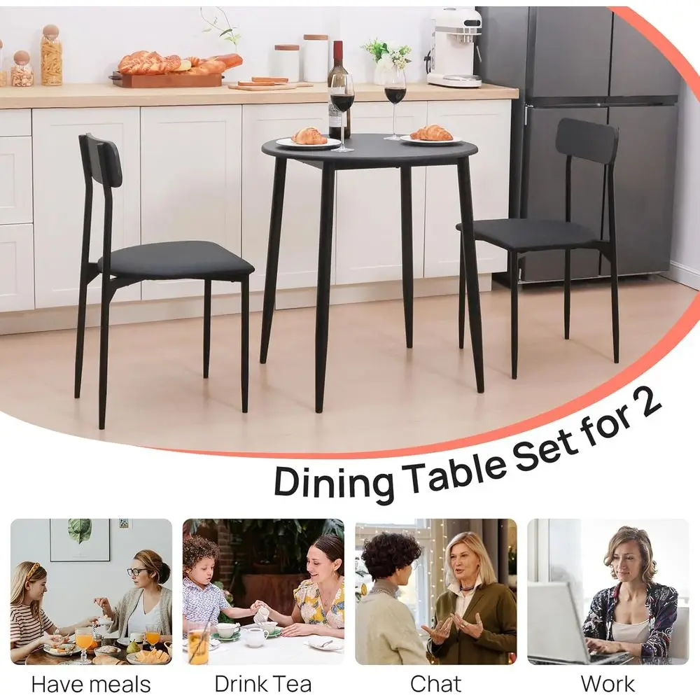 Round Dining Table Set or 2, 3-Piece Wood Tabletop Samill Kitchen Table and Chairs with Strong Metal e, ern Dinette with Chairs