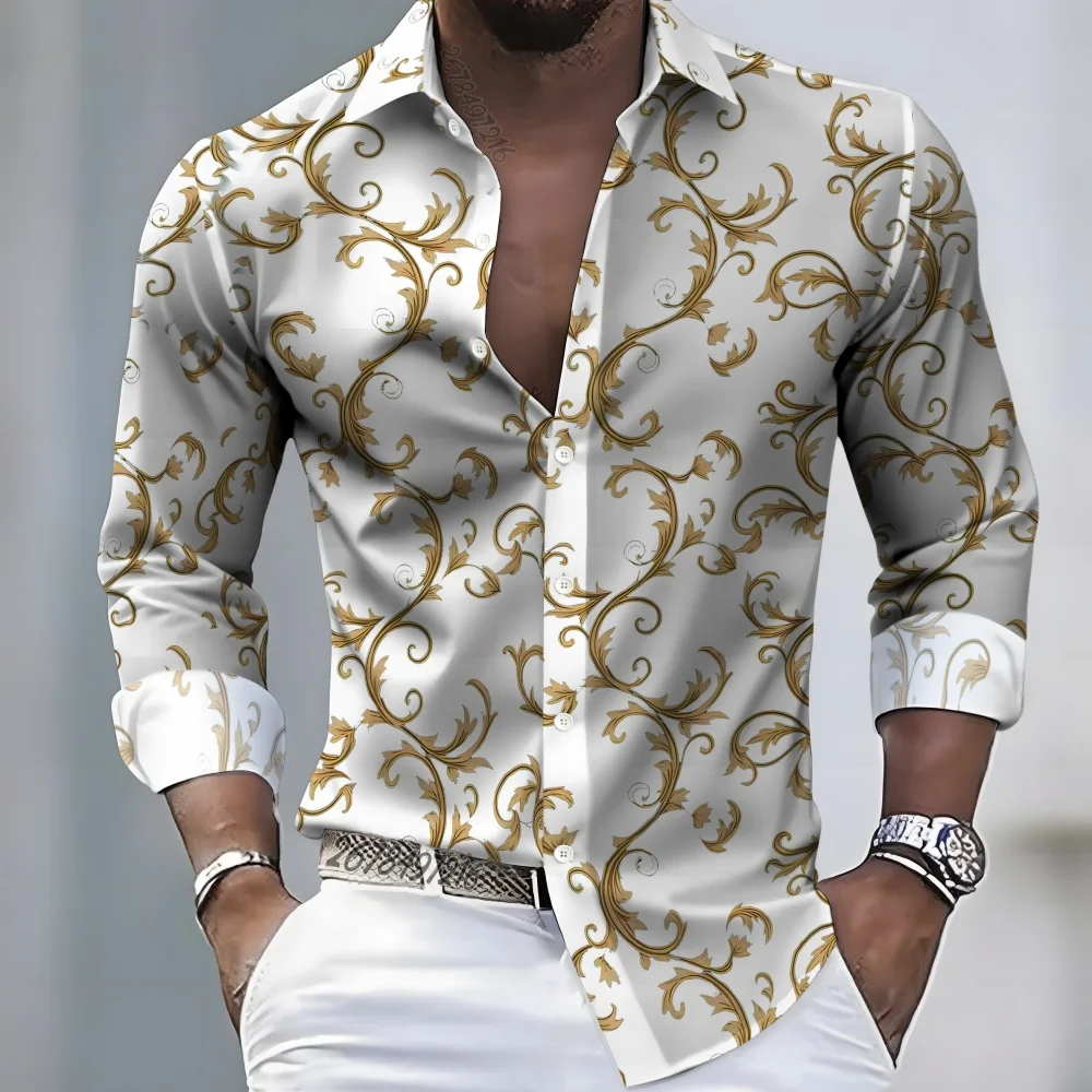 Men's Long-Sleeve Shirt: Stylish, Premium-Casual, Vintage Baroque Scrollwork Print, Collared, Trendy & Comfortable Top